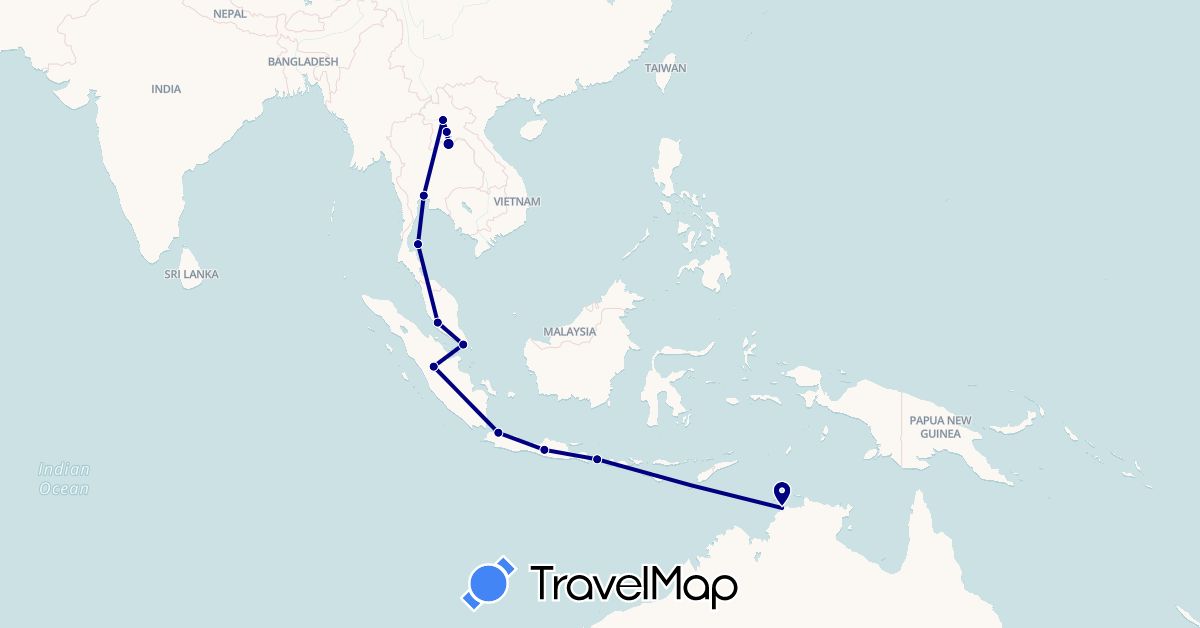 TravelMap itinerary: driving in Australia, Indonesia, Laos, Malaysia, Singapore, Thailand (Asia, Oceania)